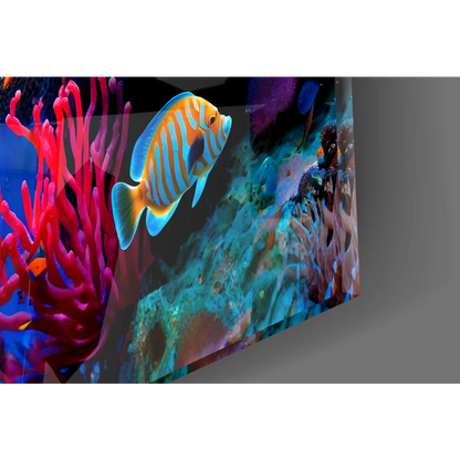 Vibrant blue orange striped fish in pink coral for stunning glass wall art