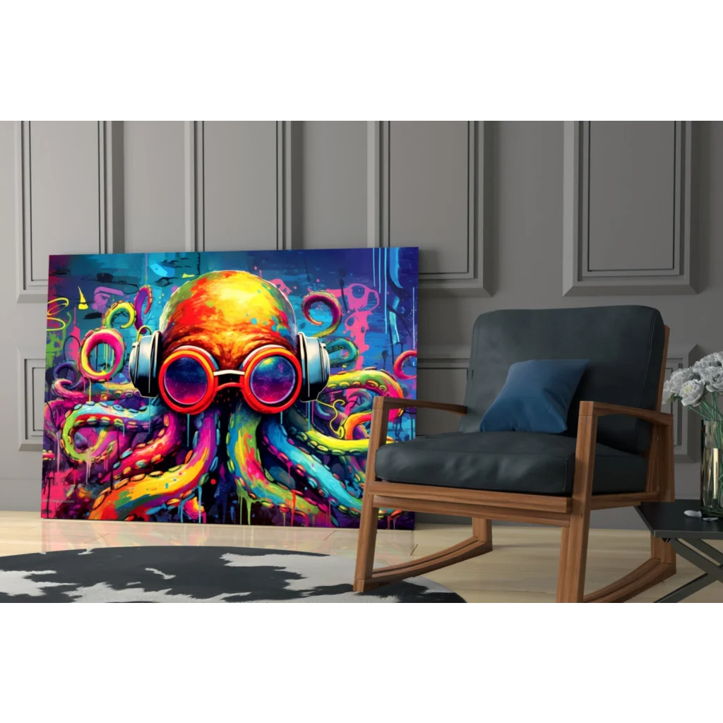 Vibrant graffiti octopus wall art with headphones and goggles