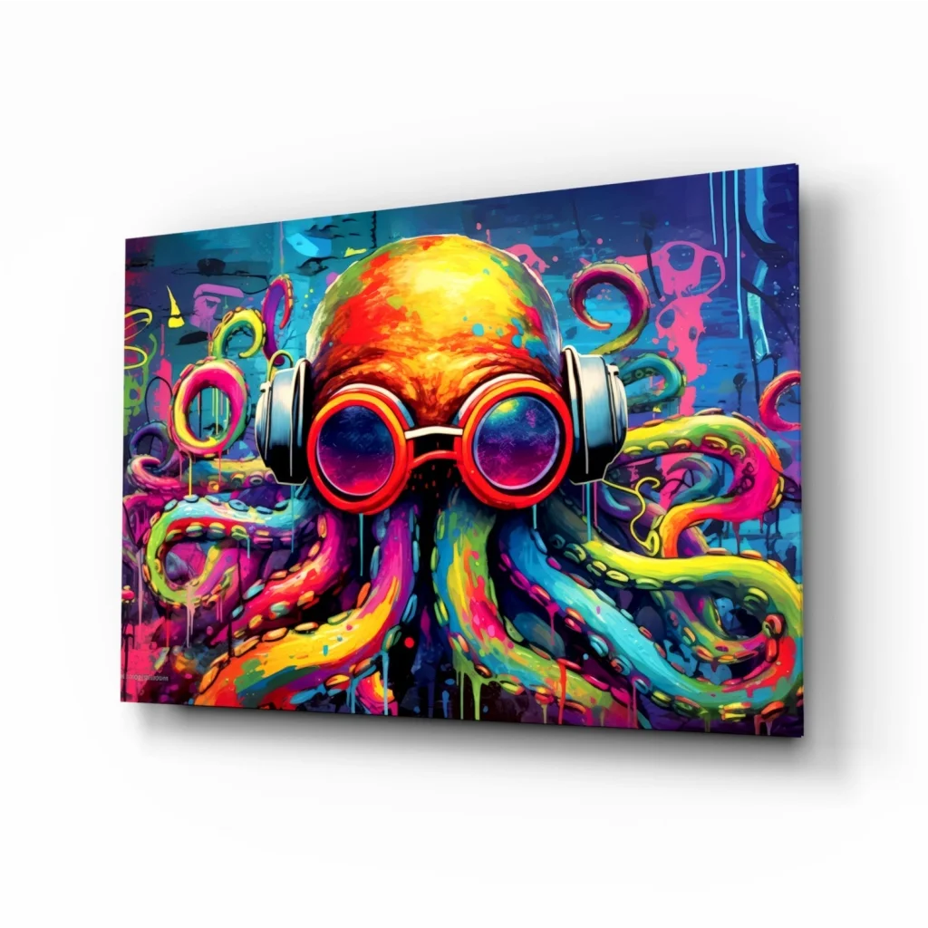 Vibrant graffiti octopus wall art with headphones and goggles