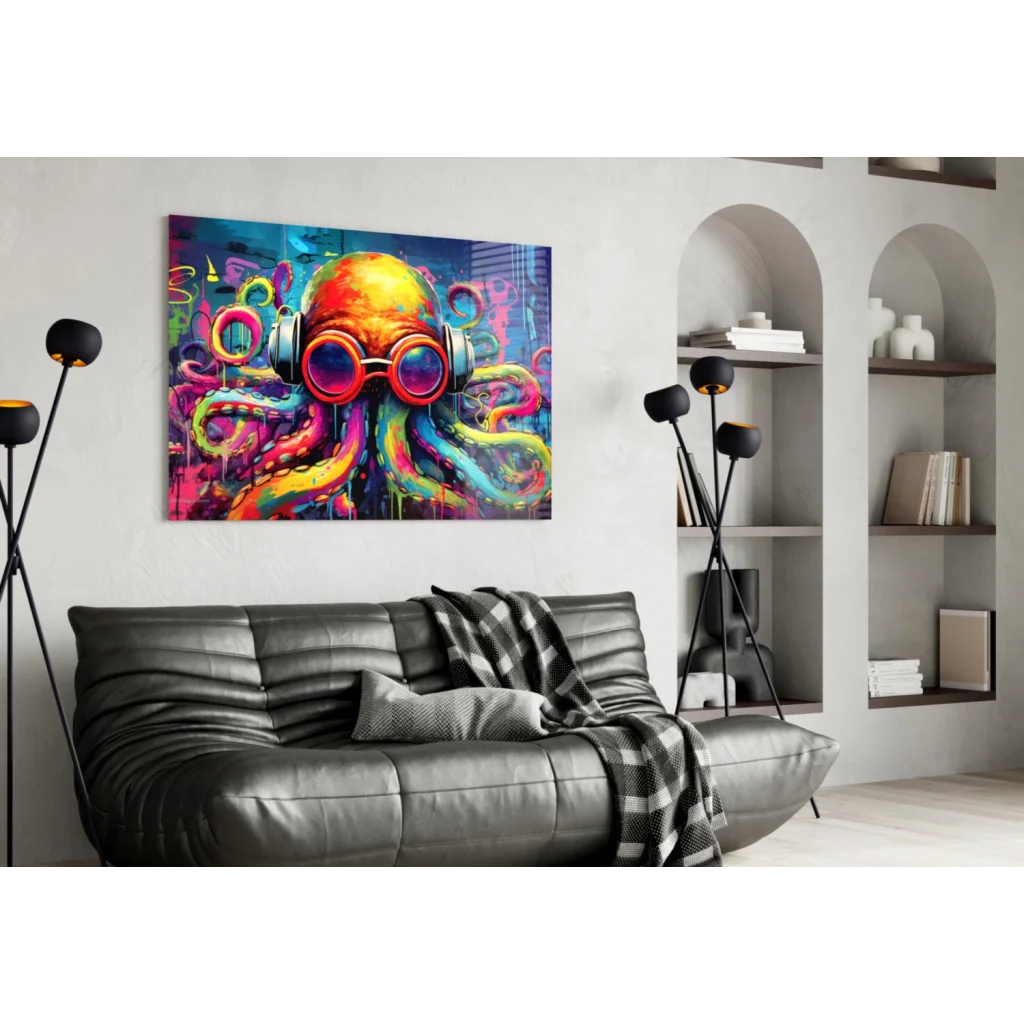 Vibrant graffiti octopus wall art with goggles and headphones