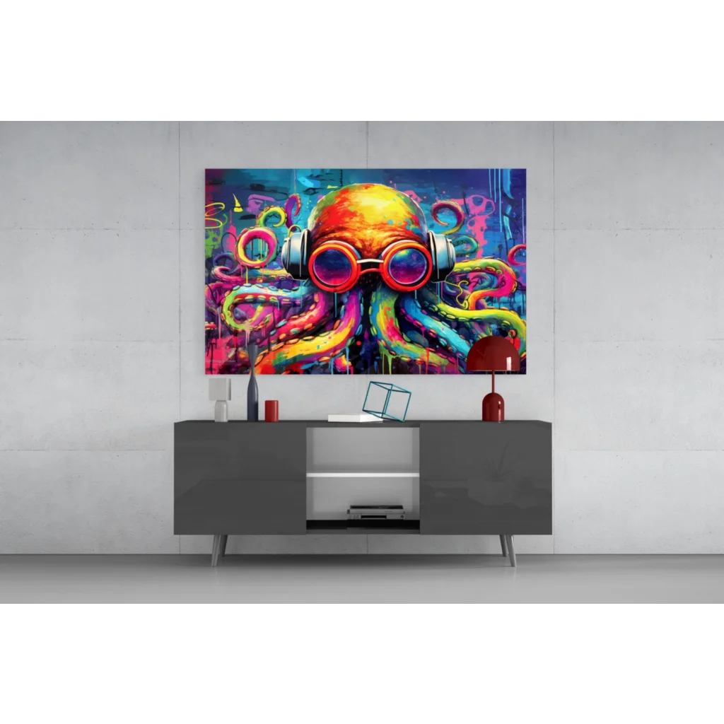 Vibrant graffiti octopus wall art with goggles and headphones