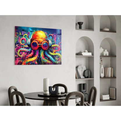 Vibrant graffiti octopus wall art with headphones and goggles