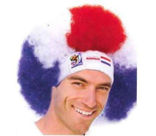 Man wearing red, white, and blue afro wig with headband and official FIFA World Cup logo displayed on front.