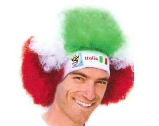 Man wearing Italia World Cup soccer afro wig with red, white, and green hair and matching ear tufts.