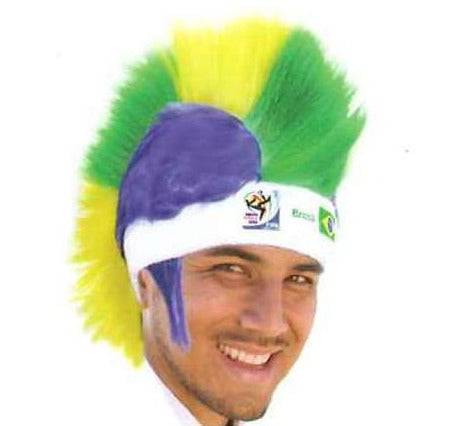 Man wearing Brazil World Cup mohawk wig with yellow, green, and blue synthetic hair and white headband with logo.