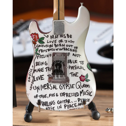 Mini white Jimi Hendrix Fender Strat guitar by Axe Heaven® on adjustable A-frame stand