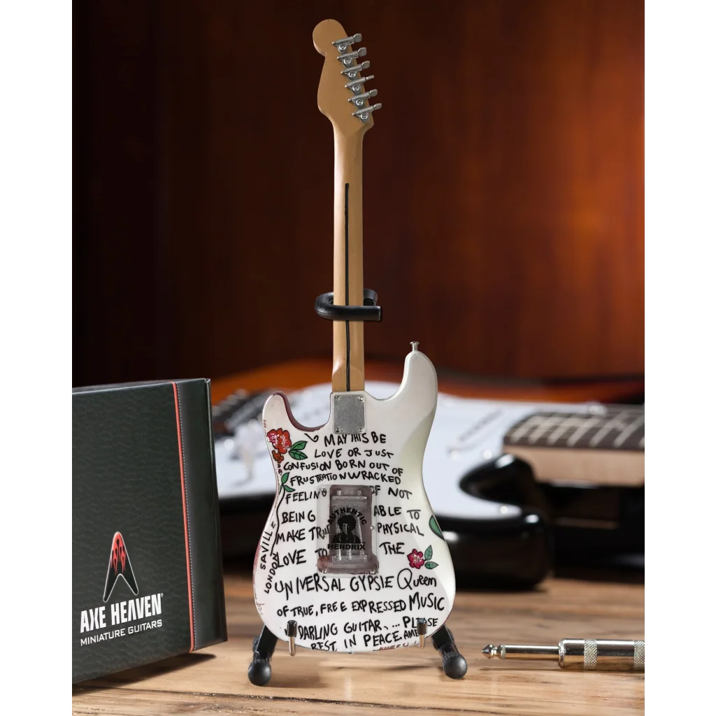 Mini white Jimi Hendrix Stratocaster with black pickguard in Axe Heaven box