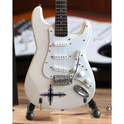 Officially licensed Kenny Wayne Axe Heaven mini Strat guitar with white body, black pickguard, blue cross inlay