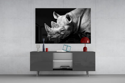 Black and White Rhino Portrait Glass Wall Art