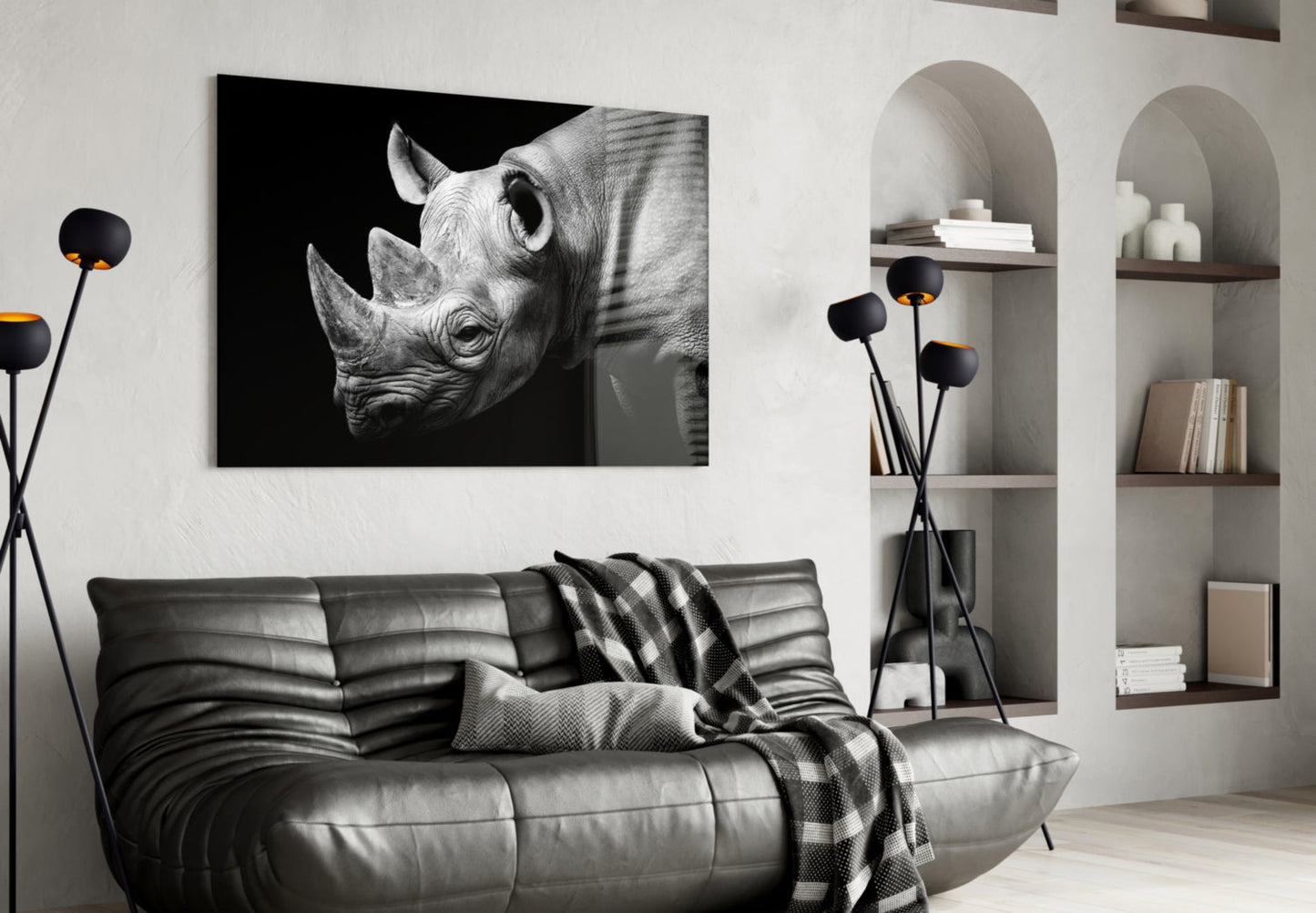 Black and White Rhino Portrait Glass Wall Art