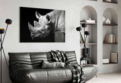 Black and White Rhino Portrait Glass Wall Art