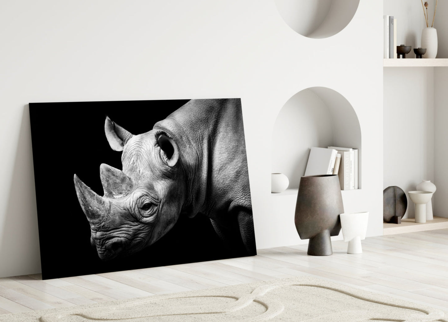 Black and White Rhino Portrait Glass Wall Art