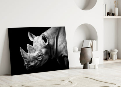 Black and White Rhino Portrait Glass Wall Art