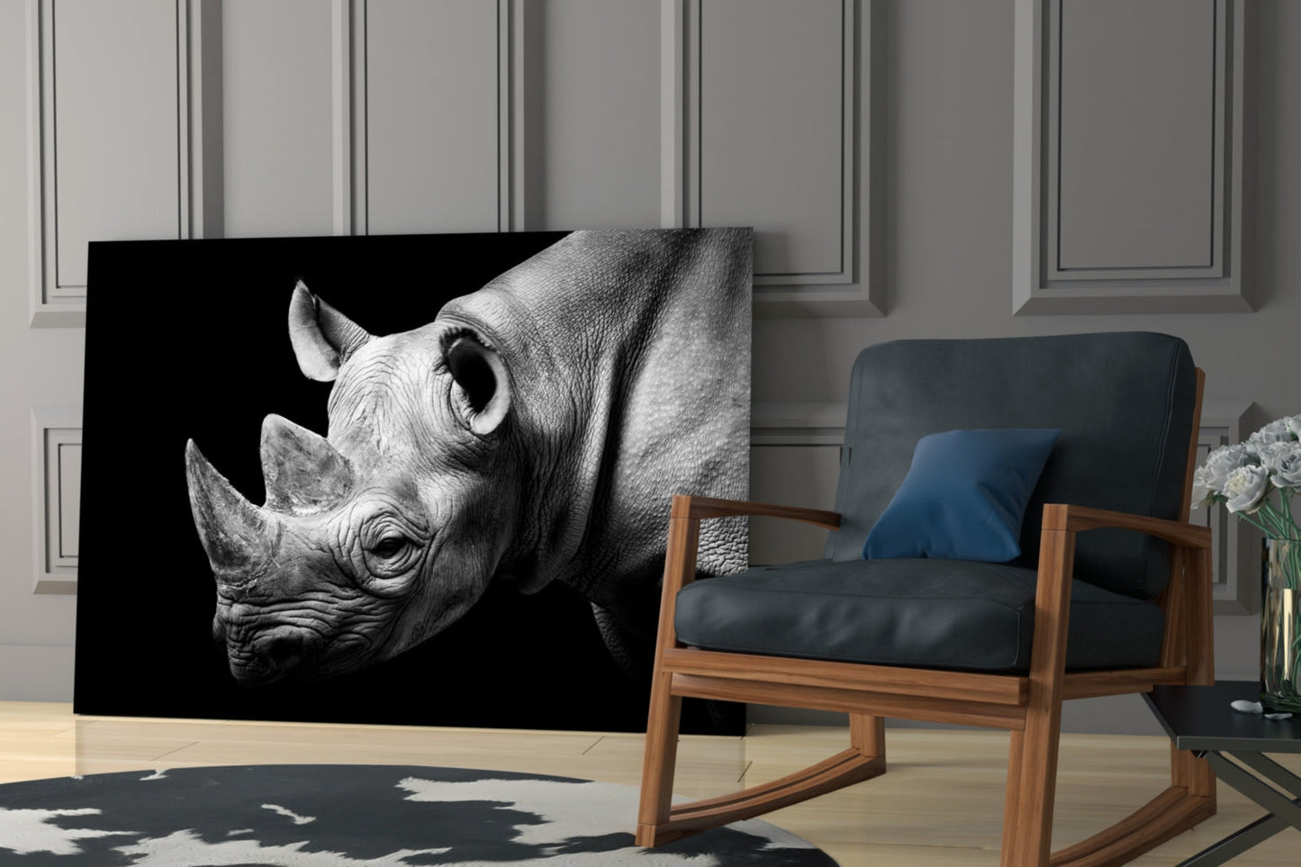 Black and White Rhino Portrait Glass Wall Art