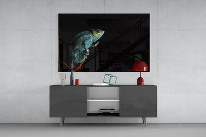 Turquoise Chameleon On Branch Black Glass Wall Art