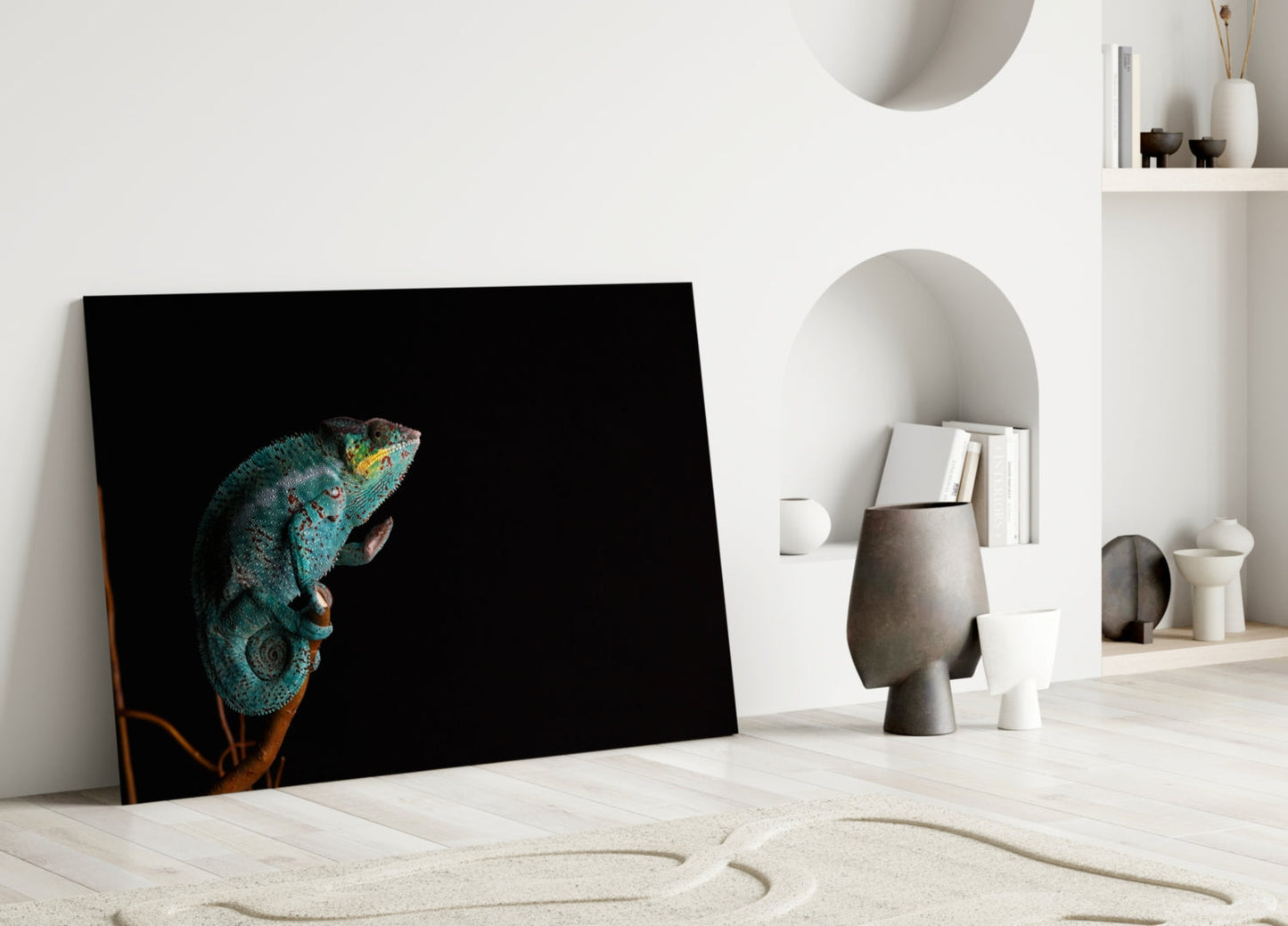 Turquoise Chameleon On Branch Black Glass Wall Art