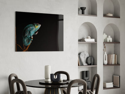 Turquoise Chameleon On Branch Black Glass Wall Art