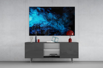 Blue Smoke Glass Wall Art displayed above a gray media console in a modern living room setting.