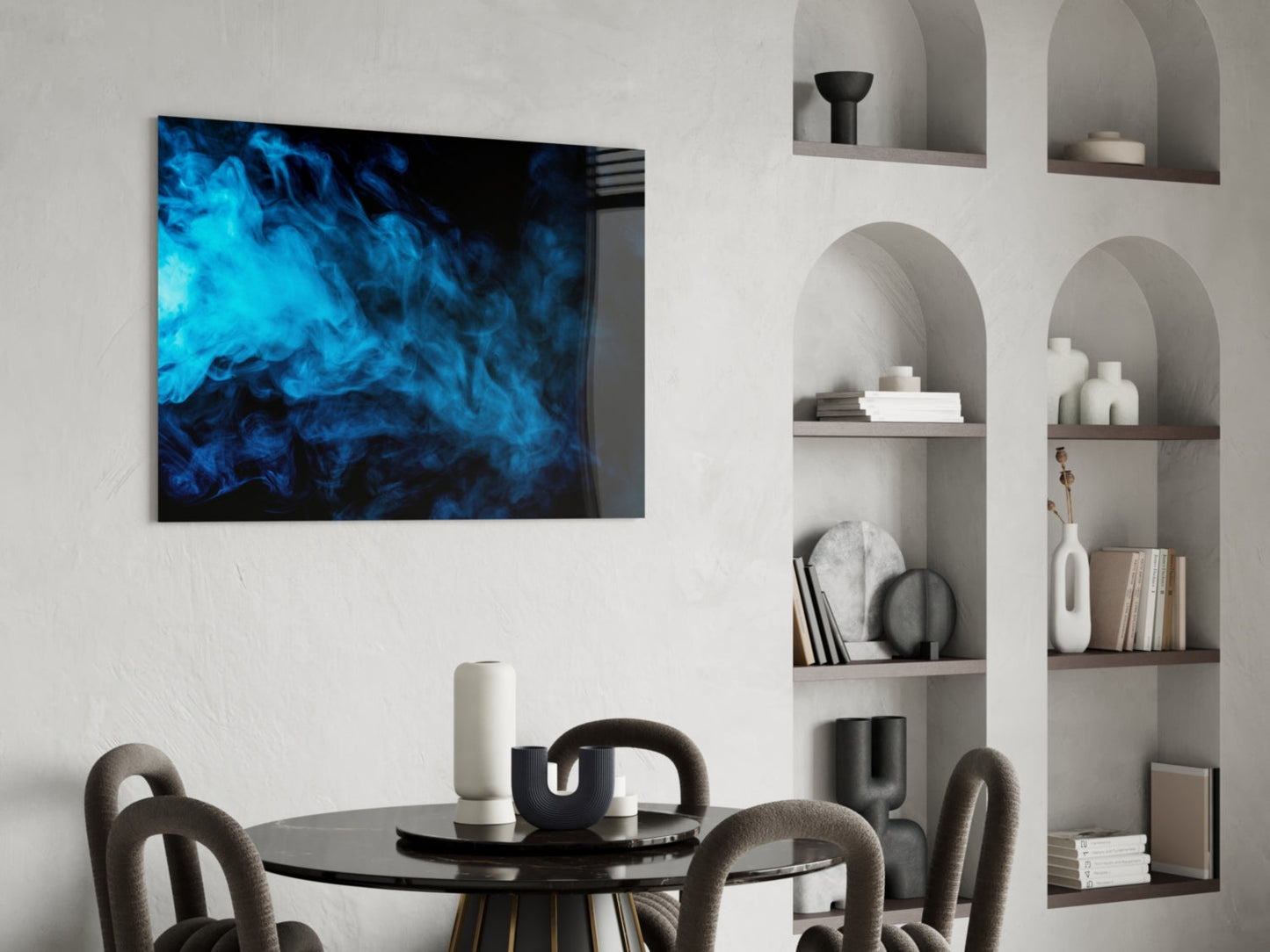 Blue Smoke Glass Wall Art displayed above a black round dining table with upholstered chairs in a minimalist interior with built-in shelving.