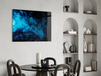 Blue Smoke Glass Wall Art displayed above a black round dining table with upholstered chairs in a minimalist interior with built-in shelving.