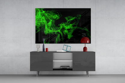 Green Smoke Swirl On Black Glass Wall Art