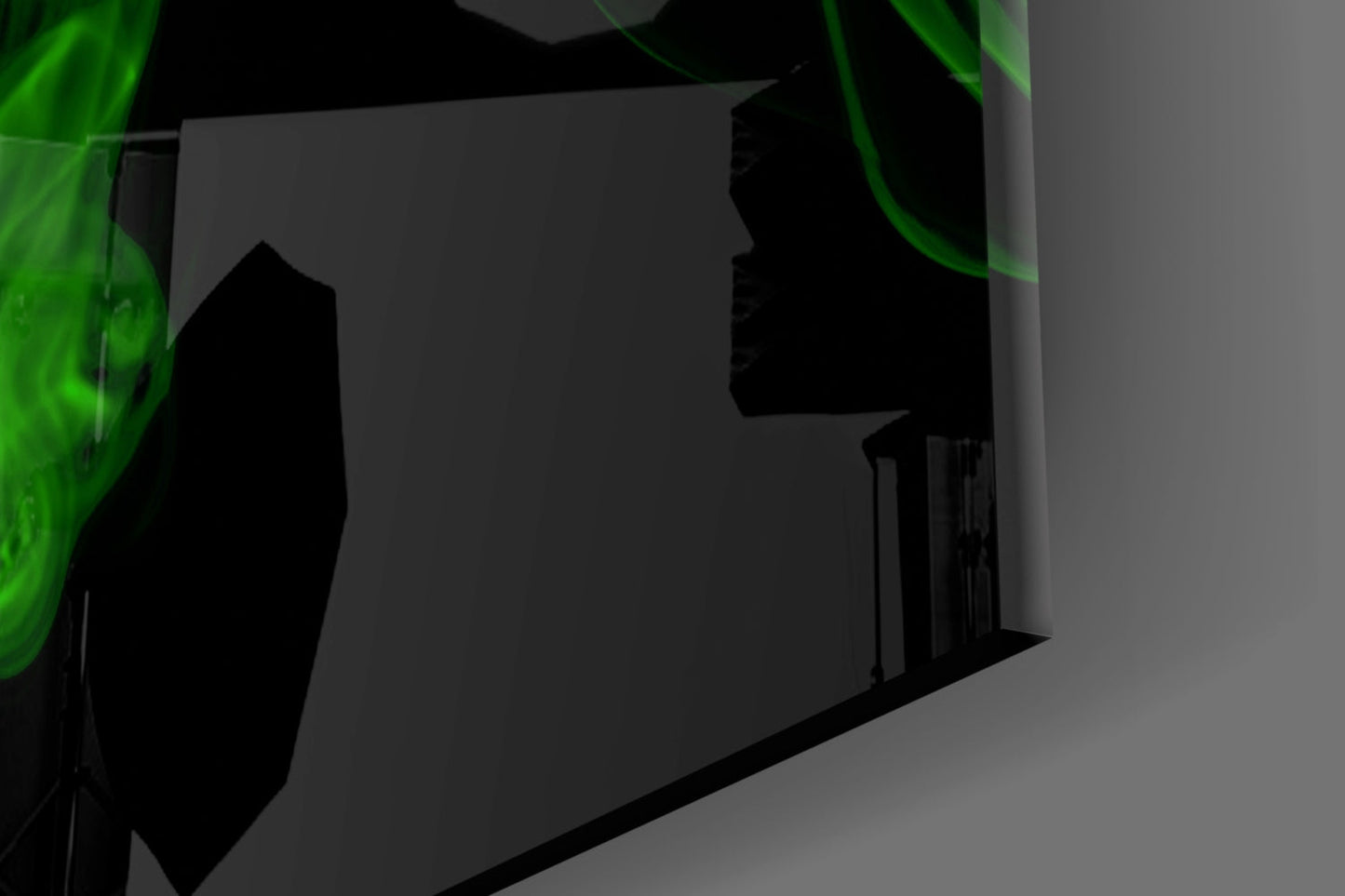 Green Smoke Swirl On Black Glass Wall Art