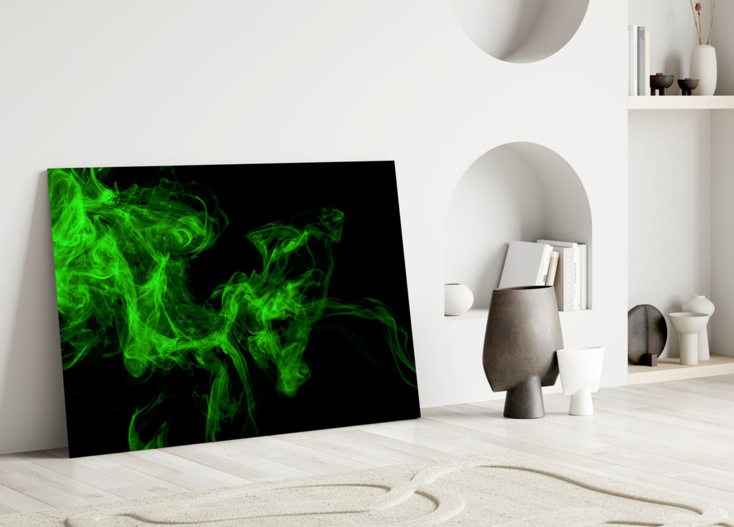 Green Smoke Swirl On Black Glass Wall Art
