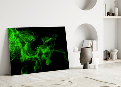 Green Smoke Swirl On Black Glass Wall Art