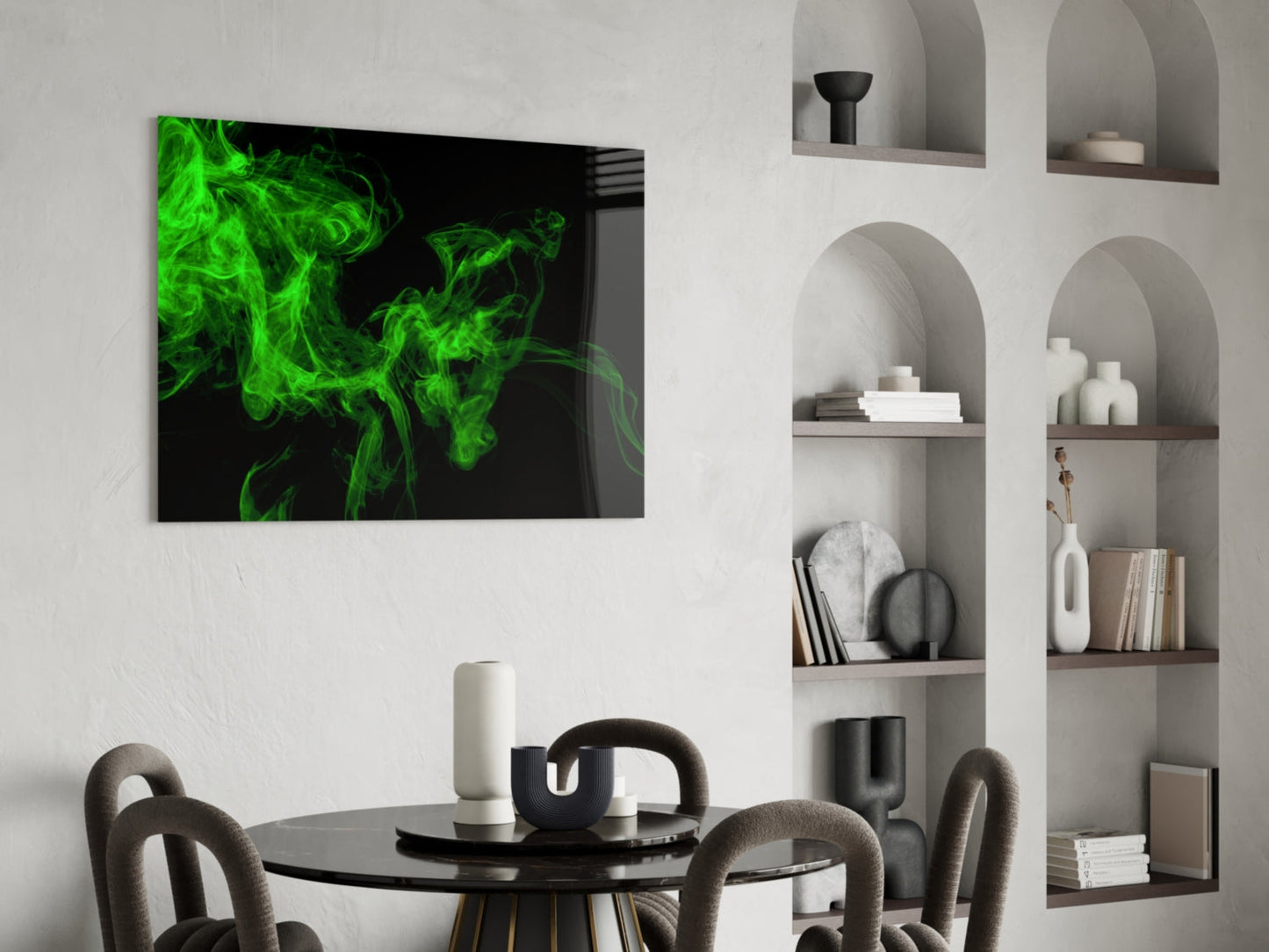 Green Smoke Swirl On Black Glass Wall Art