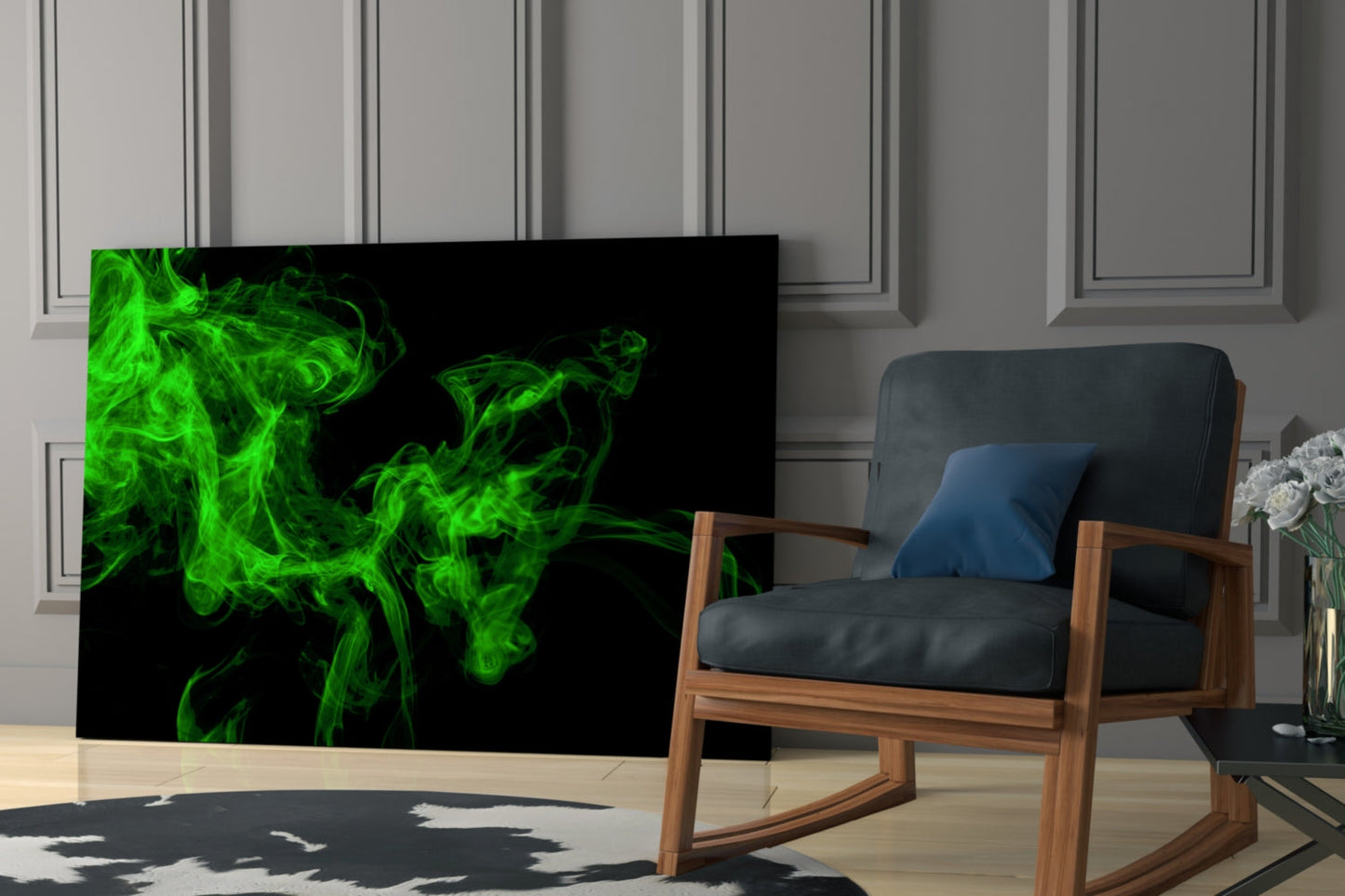 Green Smoke Swirl On Black Glass Wall Art