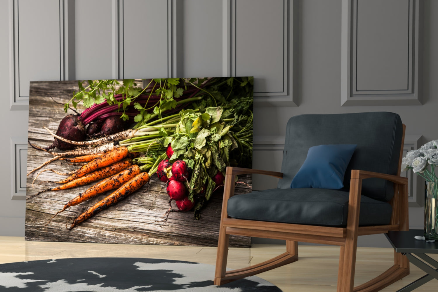 Glass wall art displaying fresh carrots, beets, and radishes with green leafy tops on rustic wood, displayed in modern living room setting.