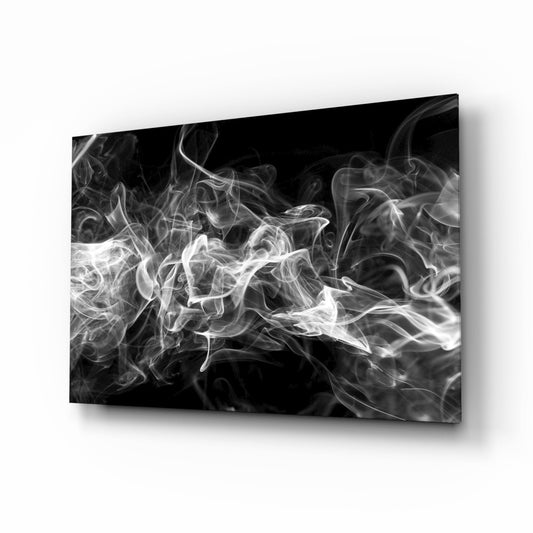 Angled perspective view of black glass panel featuring swirling white smoke patterns against dark background.