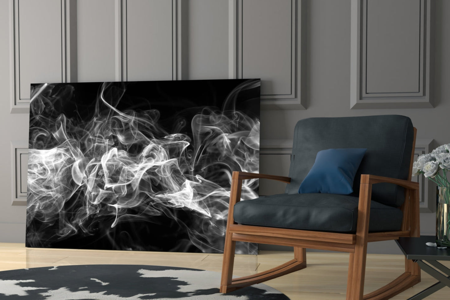 White smoke swirls on black glass panel displayed in modern living room with wooden chair and blue cushion.