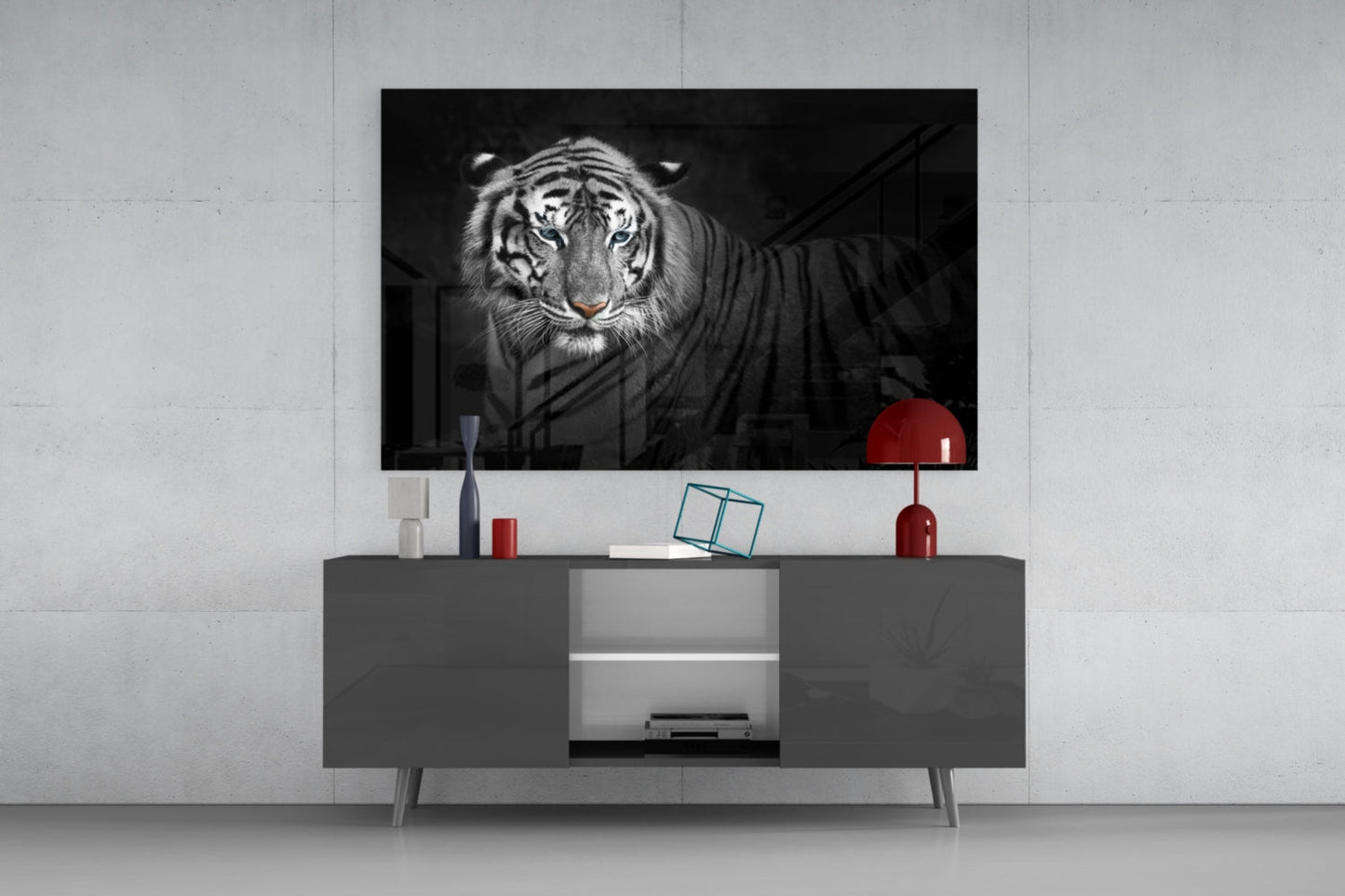 Reclining Blue Eyed Tiger Glass Wall Art