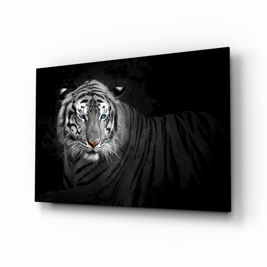 Black and white glass wall art depicting a tiger's head facing forward against a dark background, displayed at an angle.