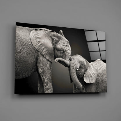 Black and white glass wall art depicting an adult elephant touching trunks with a young elephant calf against a dark background.