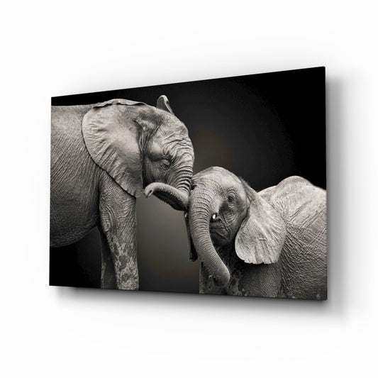 Adult elephant with trunk touching younger elephant calf against black background on glass wall art.