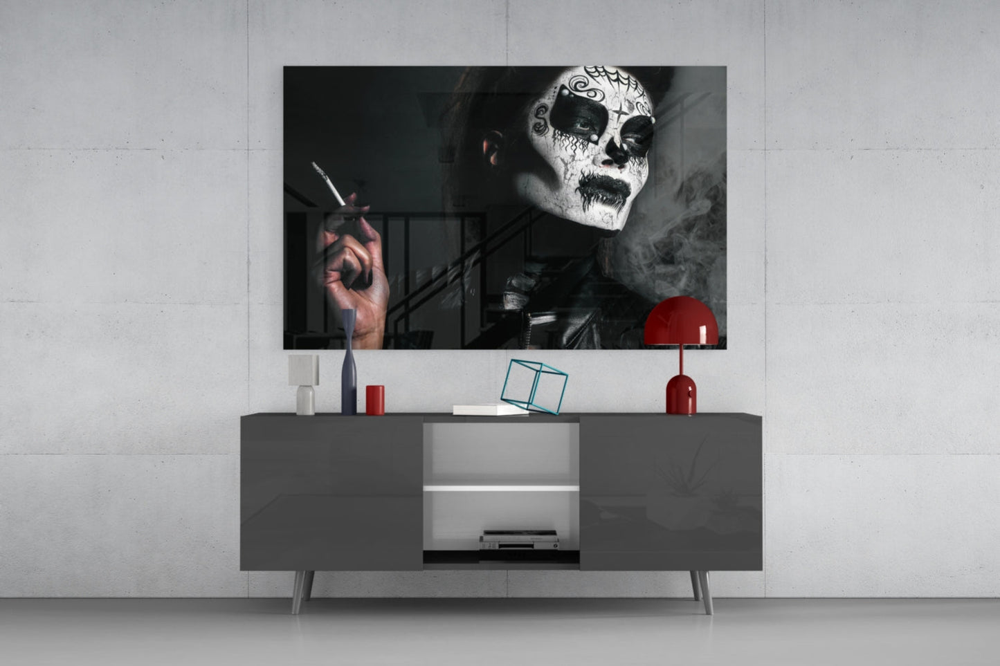 Sugar Skull Smoking Woman Glass Wall Art