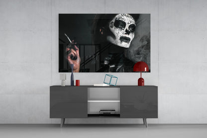 Sugar Skull Smoking Woman Glass Wall Art