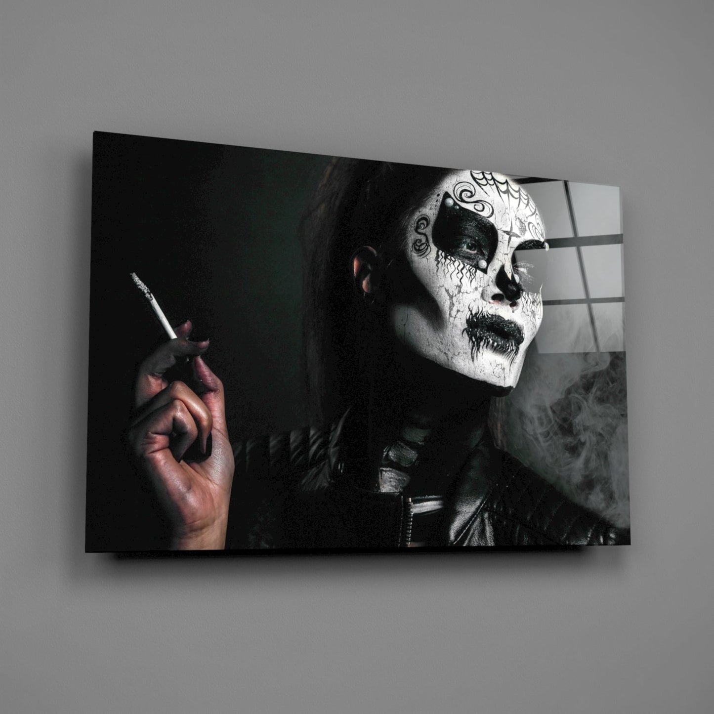 Sugar Skull Smoking Woman Glass Wall Art
