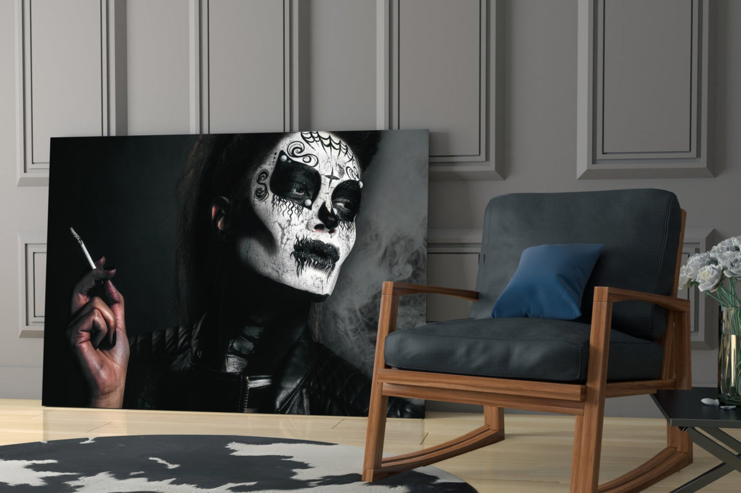 Sugar Skull Smoking Woman Glass Wall Art