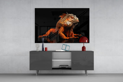 Komodo Dragon Glass Wall Art mounted above gray media console, displaying vibrant orange and red reptile against black background in modern living room setting.
