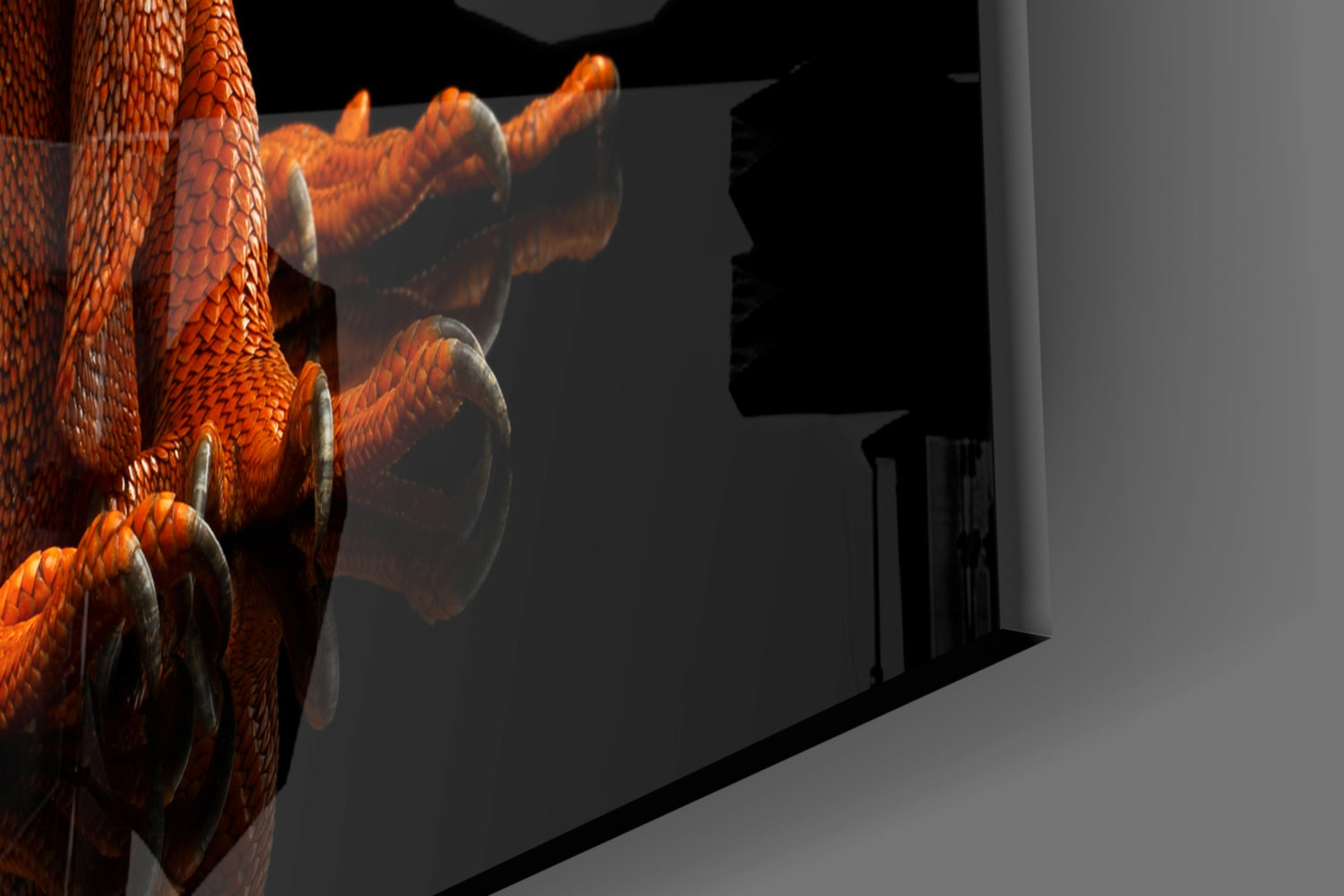 Detailed close-up of vibrant orange and red scaled komodo dragon claws and body on glass wall art display in gallery setting.