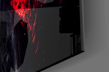 Red neon light trails illuminate a woman's silhouette profile against frosted glass wall art.