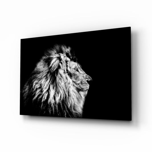 Black and white profile portrait of a male lion with full mane on dark glass panel with shadow effect.