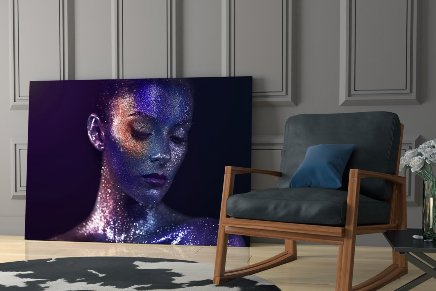 Glass wall art depicting a woman's profile with purple and blue glowing particle effects, displayed in a modern living room next to a wooden chair.