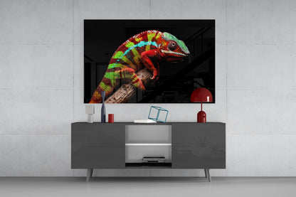 Red Green Striped Chameleon Glass Wall Art