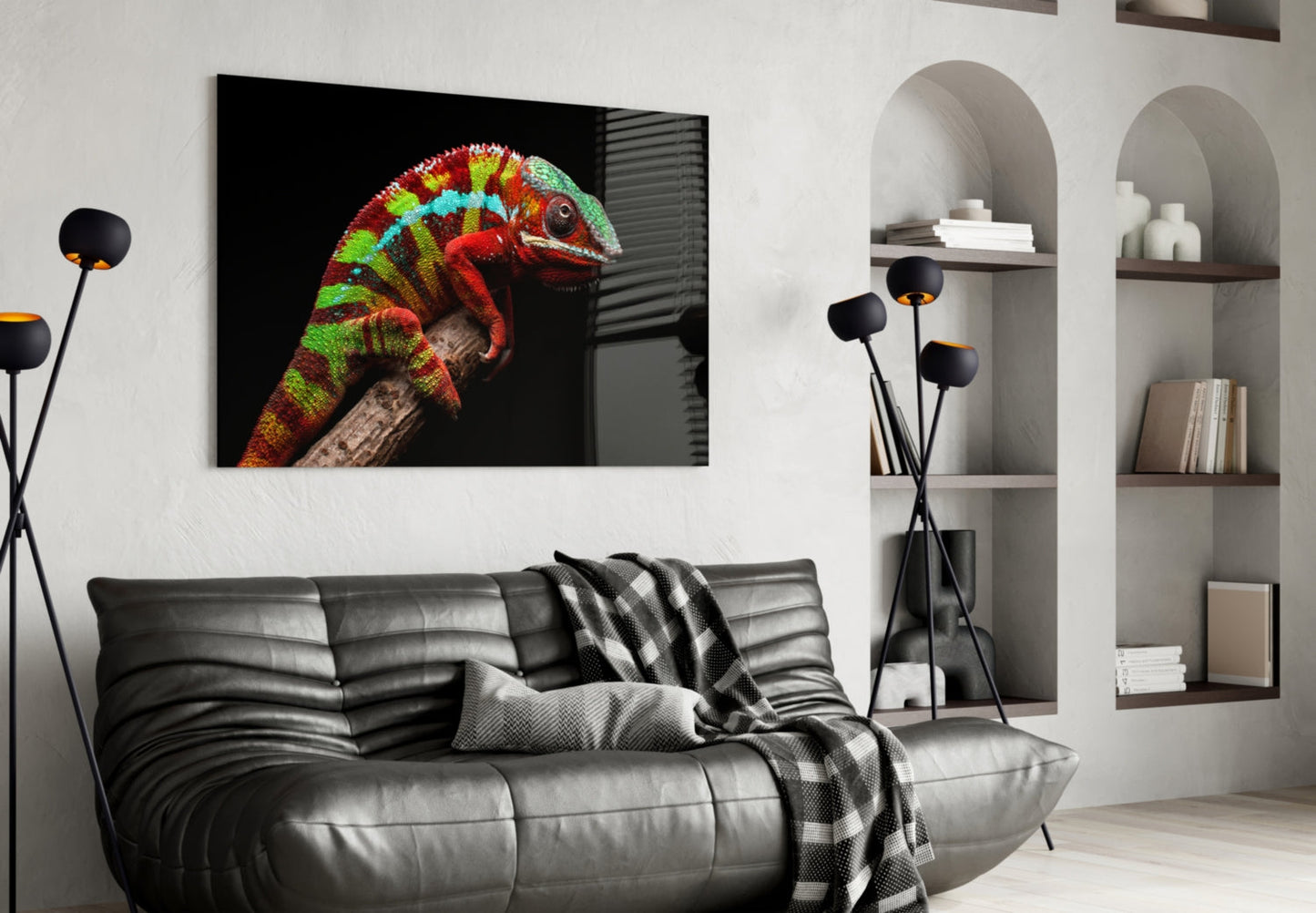 Red Green Striped Chameleon Glass Wall Art