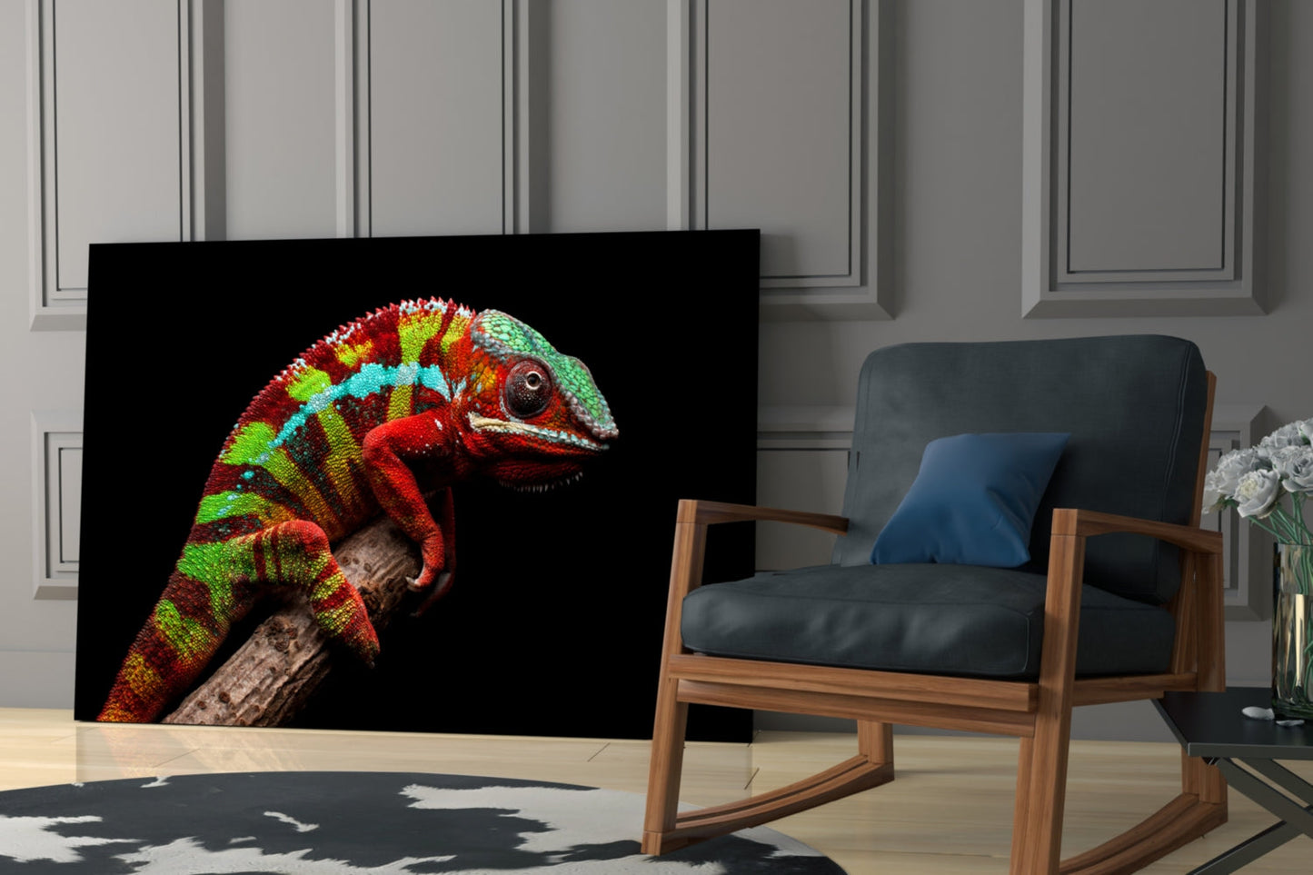 Red Green Striped Chameleon Glass Wall Art