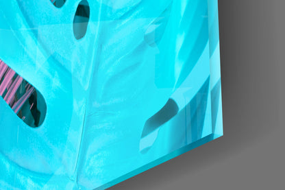Pink Turquoise Monstera Palms Glass Wall Art